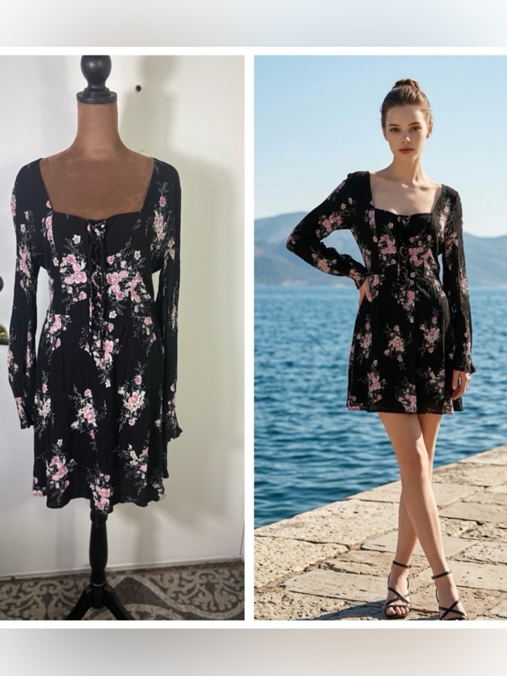 American Rag Women Sz L Bohemian Black floral square neck Rayon zip short dress